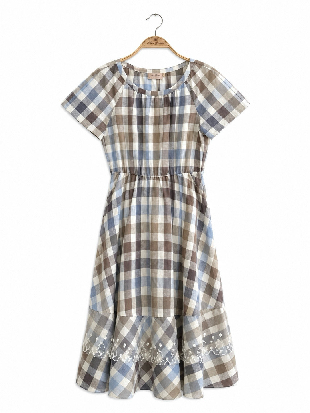 Vintage Check Linen Blend Midi Dress with Cat Lace Hem