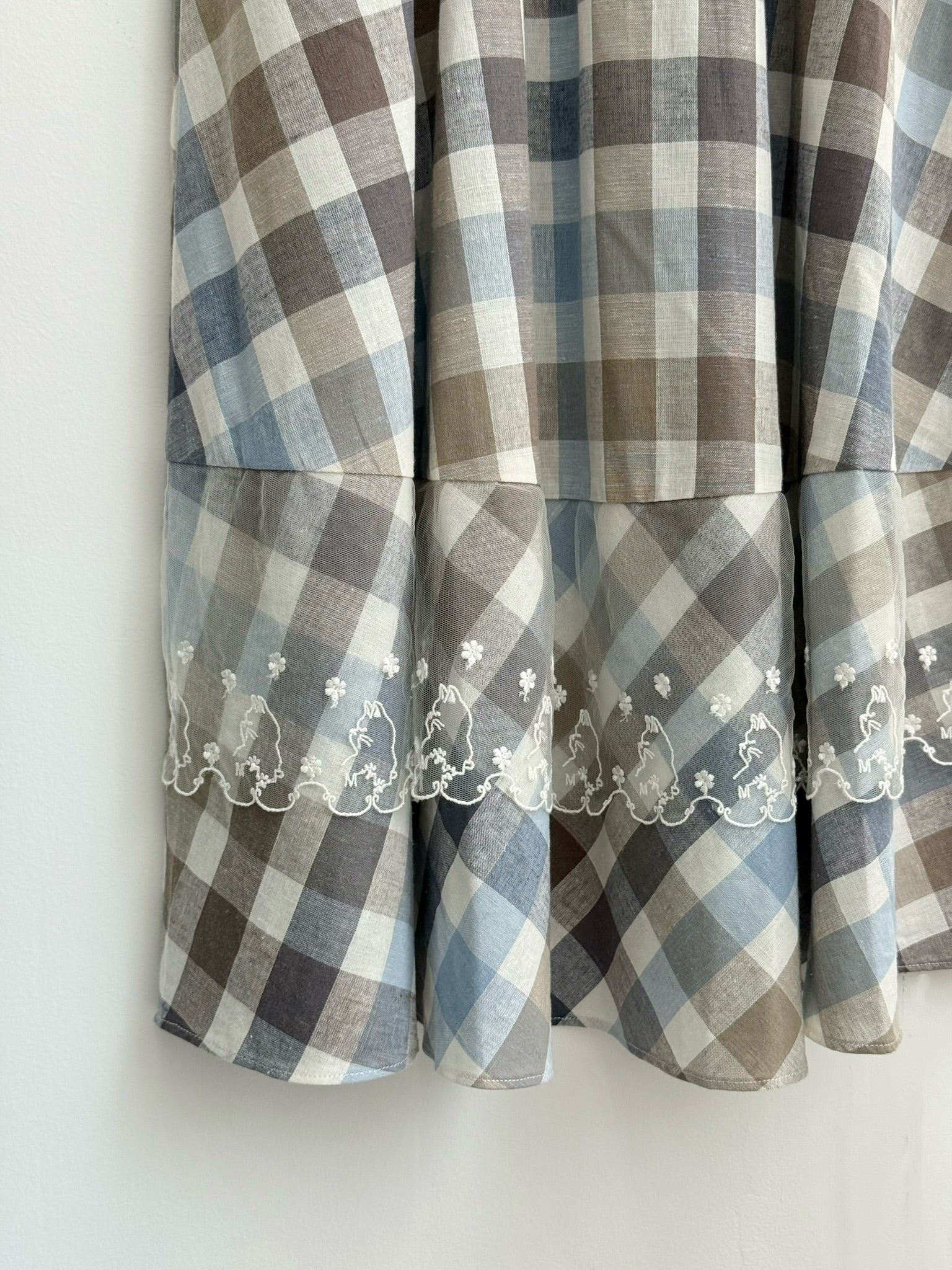 Vintage Check Linen Blend Midi Dress with Cat Lace Hem