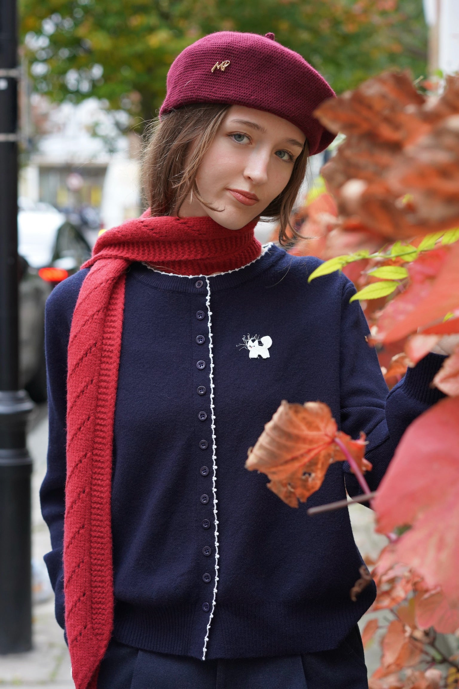 Whisker Cat Contrast Edge Cardigan (Navy)