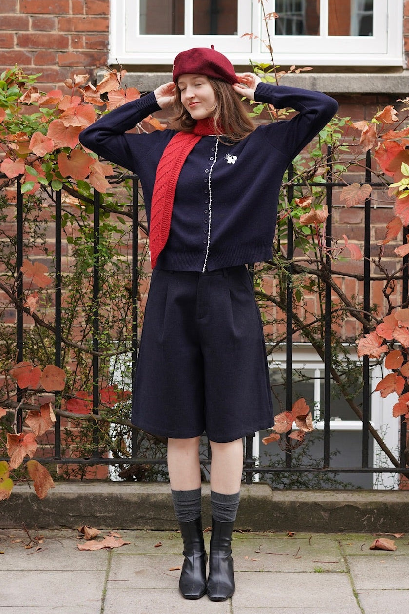 Whisker Cat Contrast Edge Cardigan (Navy)