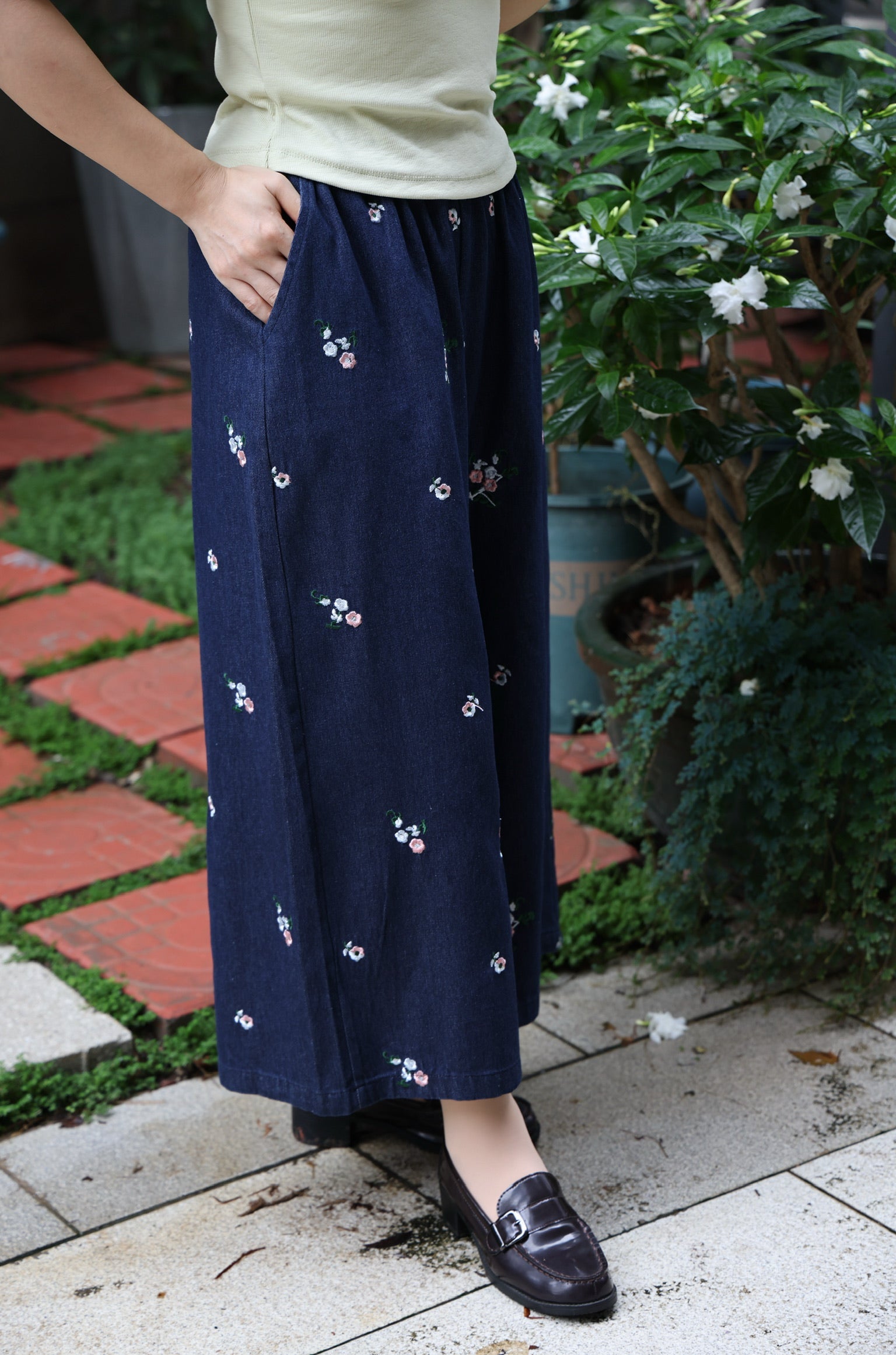 Wild Flowers Denim Wide-Leg Trousers