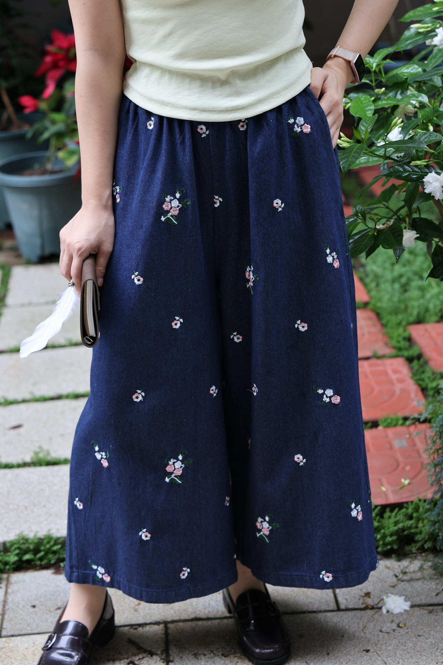 Wild Flowers Denim Wide-Leg Trousers