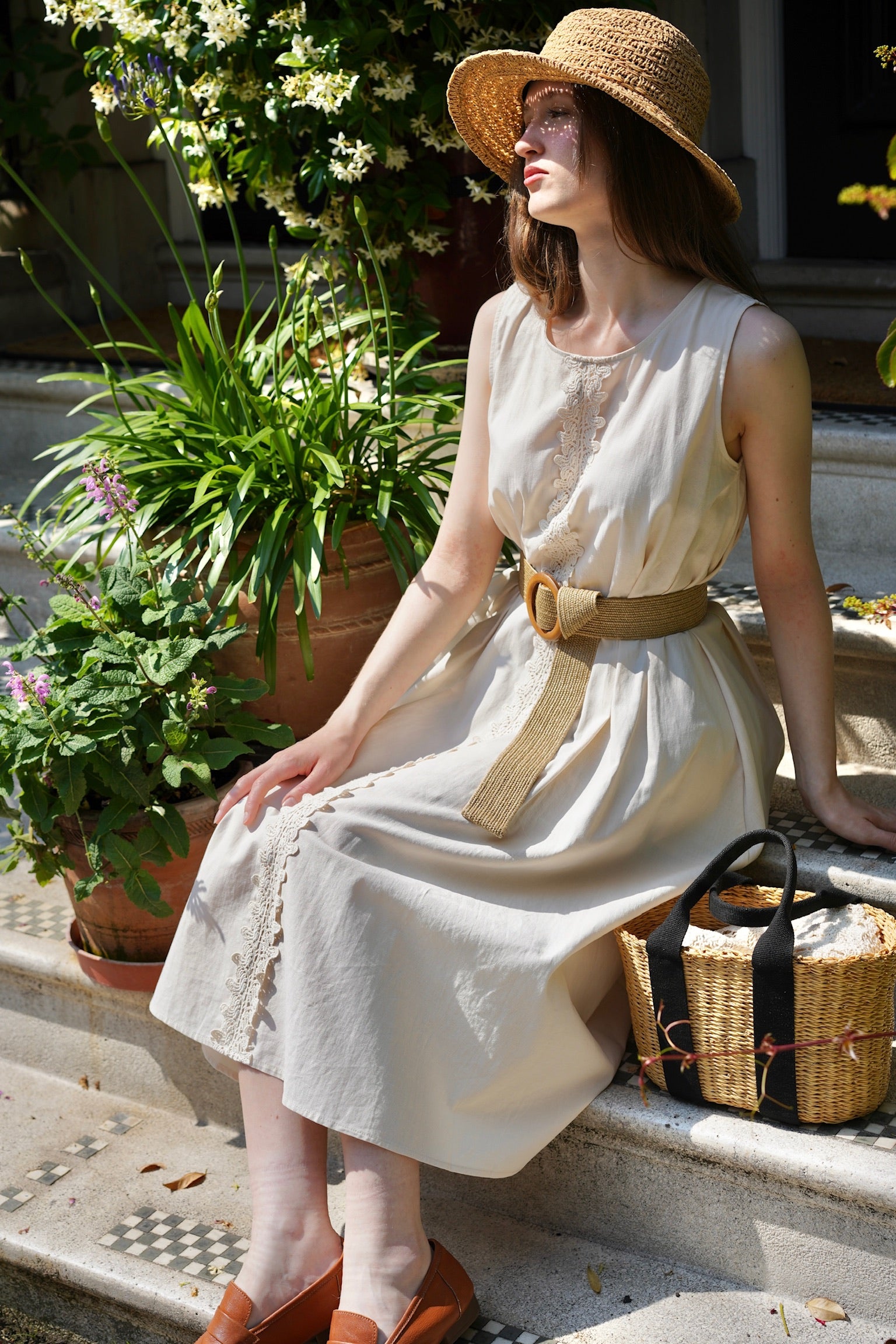 cotton cottage dress Summer Cottage Cotton Eyelet Ruffle Sleeve Midi Dress Beige / S